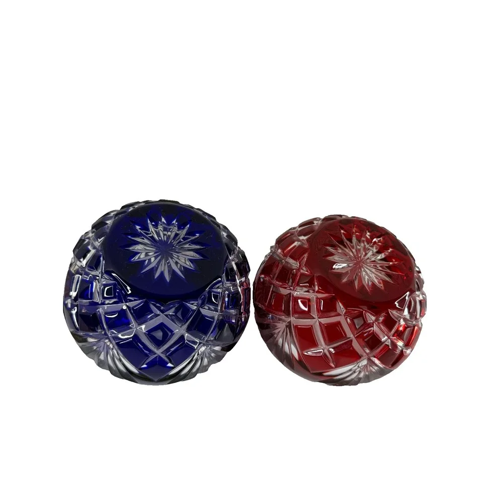 Faberge Crystal Votive Candle Holders Ruby Red Cobalt Blue Cut Clear Signed Pair